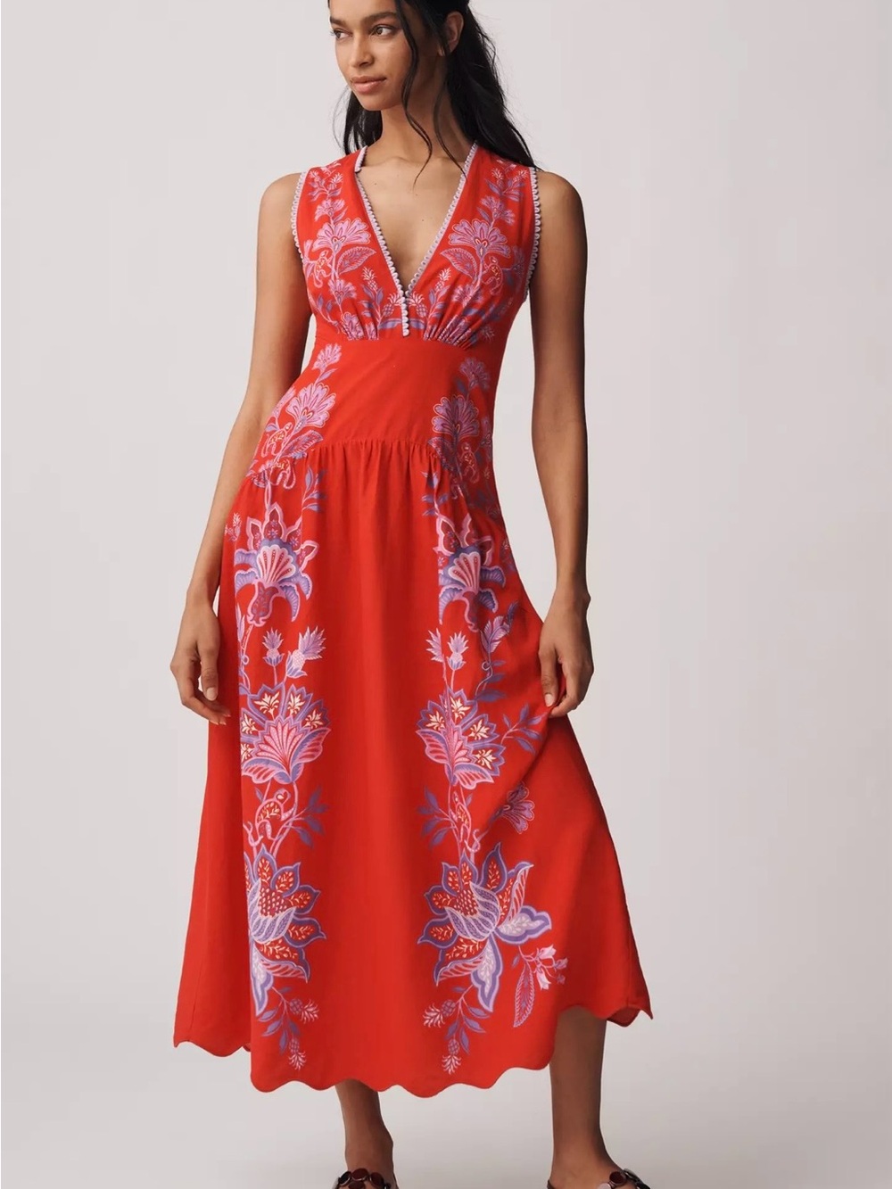 Farm Rio Porcelain Garden Red Linen A-Line Dress